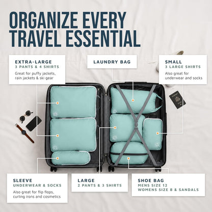 Large Compression Packing Cubes for Travel-Packing Cube Luggage Organizers 7 Piece Set for Checked Luggage-Ultralight, Expandable/Compression Bags (White/Green)