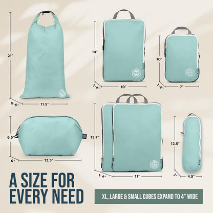 Large Compression Packing Cubes for Travel-Packing Cube Luggage Organizers 7 Piece Set for Checked Luggage-Ultralight, Expandable/Compression Bags (White/Green)
