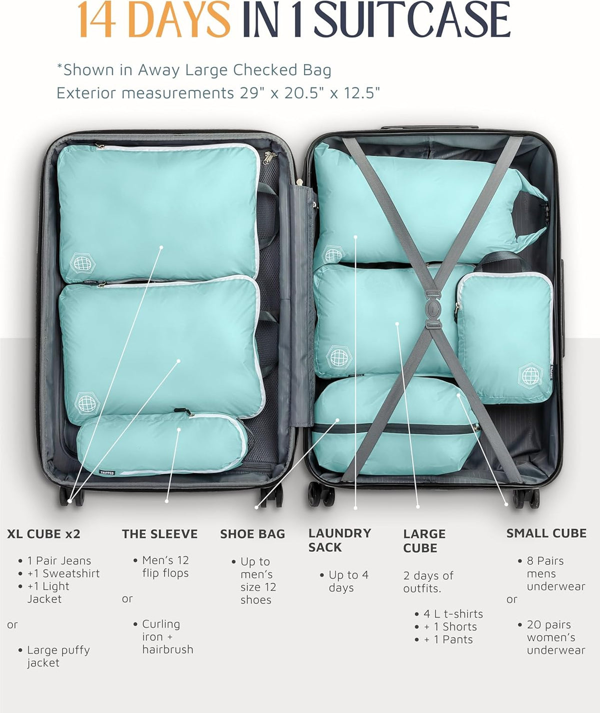 Large Compression Packing Cubes for Travel-Packing Cube Luggage Organizers 7 Piece Set for Checked Luggage-Ultralight, Expandable/Compression Bags (White/Green)