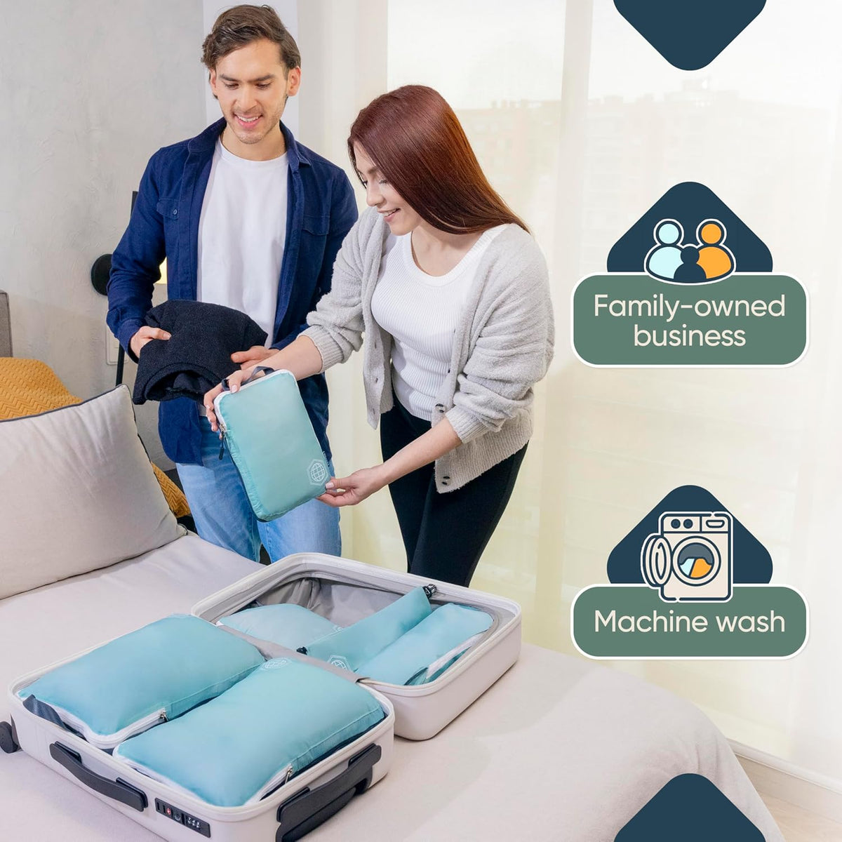 Large Compression Packing Cubes for Travel-Packing Cube Luggage Organizers 7 Piece Set for Checked Luggage-Ultralight, Expandable/Compression Bags (White/Green)