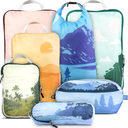 Large Compression Packing Cubes for Travel-Packing Cube Luggage Organizers 7 Piece Set for Checked Luggage-Ultralight, Expandable/Compression Bags (White/Green)