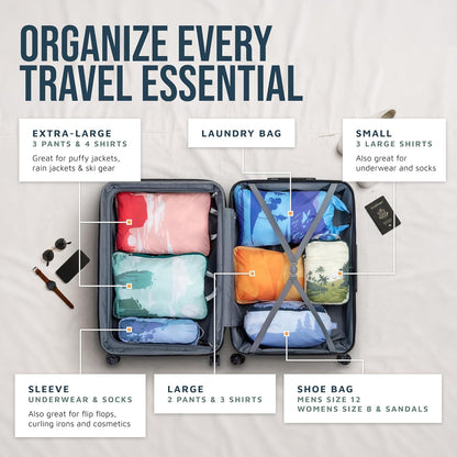 Large Compression Packing Cubes for Travel-Packing Cube Luggage Organizers 7 Piece Set for Checked Luggage-Ultralight, Expandable/Compression Bags (White/Green)