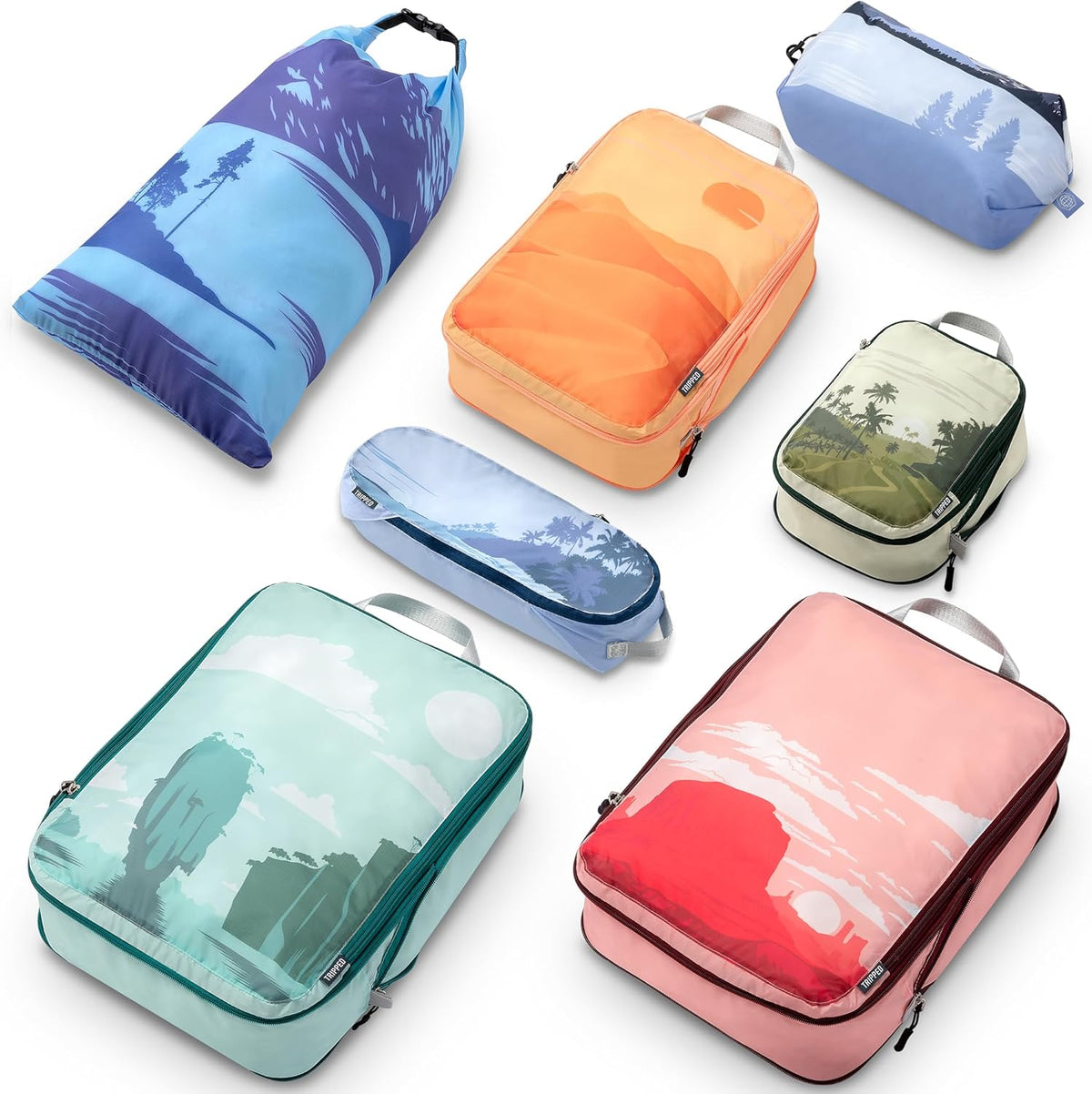 Large Compression Packing Cubes for Travel-Packing Cube Luggage Organizers 7 Piece Set for Checked Luggage-Ultralight, Expandable/Compression Bags (White/Green)