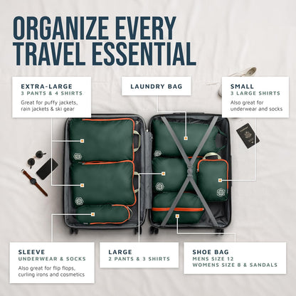 Large Compression Packing Cubes for Travel-Packing Cube Luggage Organizers 7 Piece Set for Checked Luggage-Ultralight, Expandable/Compression Bags (White/Green)