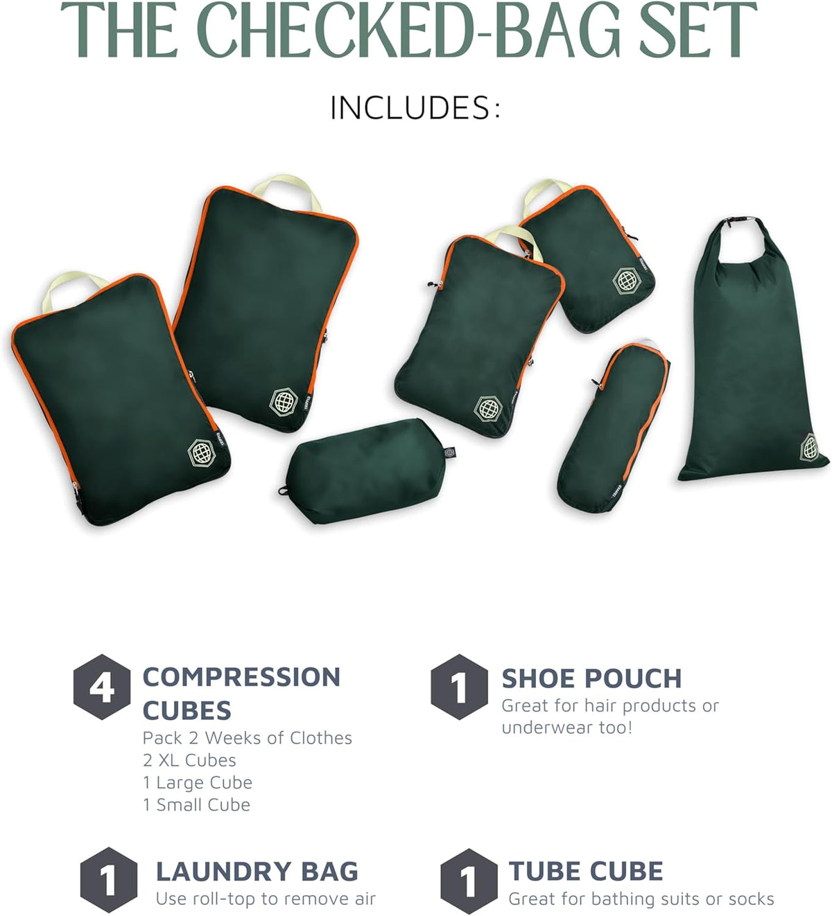 Large Compression Packing Cubes for Travel-Packing Cube Luggage Organizers 7 Piece Set for Checked Luggage-Ultralight, Expandable/Compression Bags (White/Green)