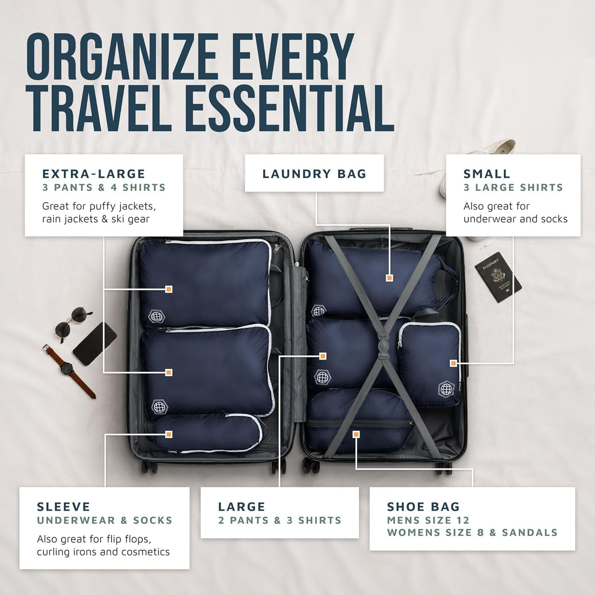 Large Compression Packing Cubes for Travel-Packing Cube Luggage Organizers 7 Piece Set for Checked Luggage-Ultralight, Expandable/Compression Bags (White/Green)