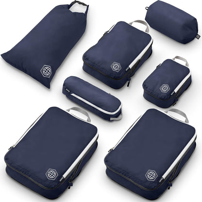 Large Compression Packing Cubes for Travel-Packing Cube Luggage Organizers 7 Piece Set for Checked Luggage-Ultralight, Expandable/Compression Bags (White/Green)