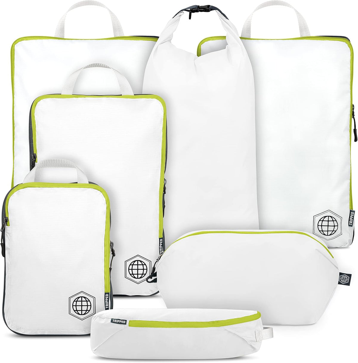 Large Compression Packing Cubes for Travel-Packing Cube Luggage Organizers 7 Piece Set for Checked Luggage-Ultralight, Expandable/Compression Bags (White/Green)