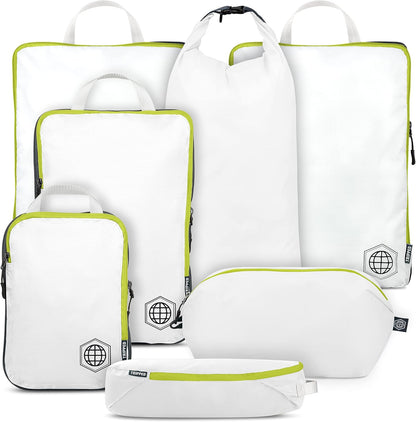 Large Compression Packing Cubes for Travel-Packing Cube Luggage Organizers 7 Piece Set for Checked Luggage-Ultralight, Expandable/Compression Bags (White/Green)