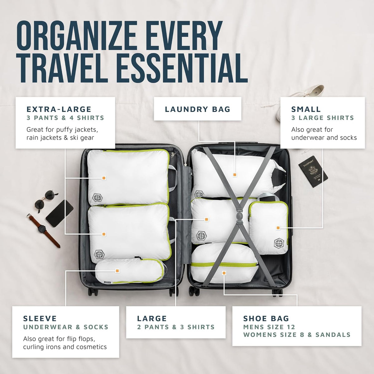 Large Compression Packing Cubes for Travel-Packing Cube Luggage Organizers 7 Piece Set for Checked Luggage-Ultralight, Expandable/Compression Bags (White/Green)
