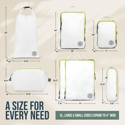 Large Compression Packing Cubes for Travel-Packing Cube Luggage Organizers 7 Piece Set for Checked Luggage-Ultralight, Expandable/Compression Bags (White/Green)