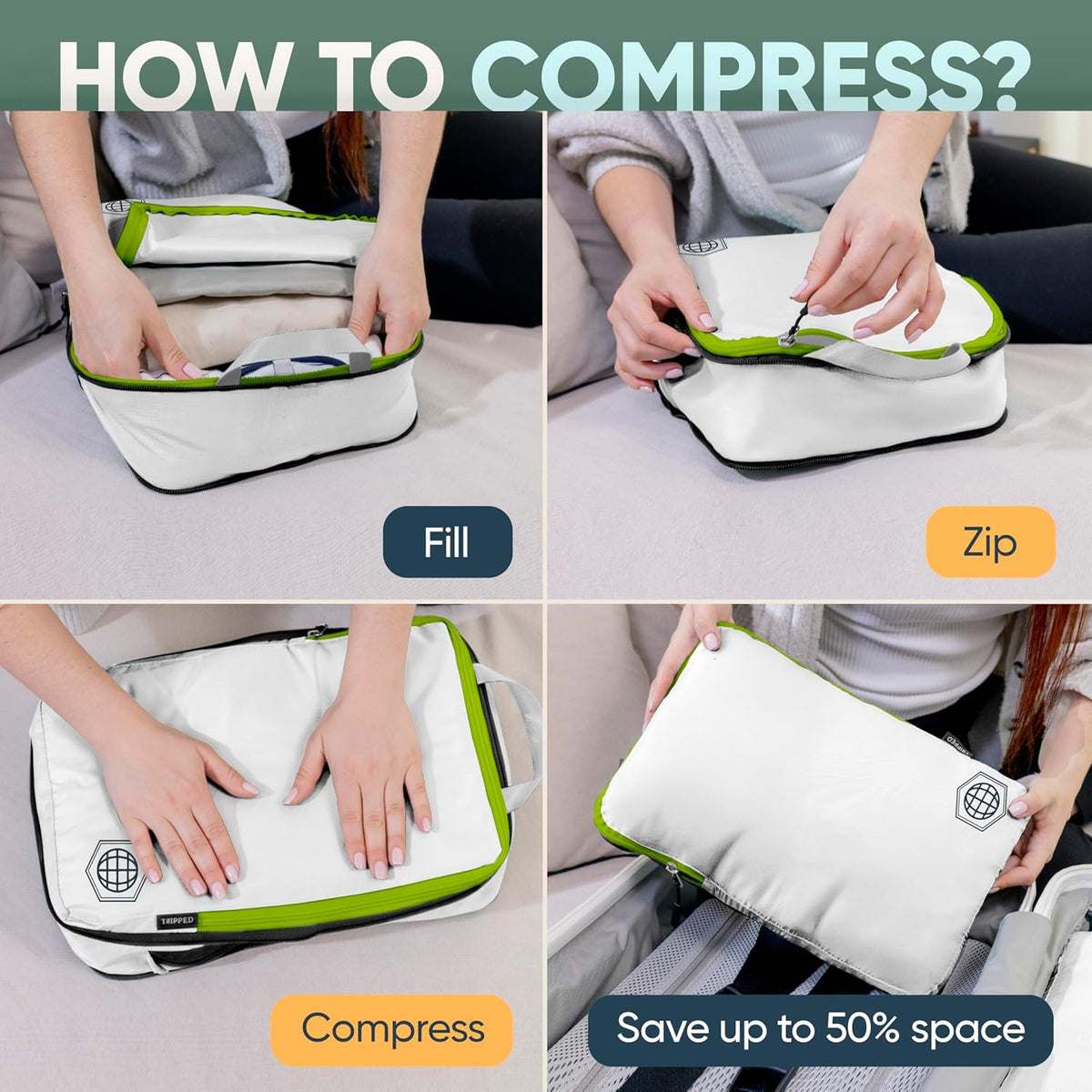 Large Compression Packing Cubes for Travel-Packing Cube Luggage Organizers 7 Piece Set for Checked Luggage-Ultralight, Expandable/Compression Bags (White/Green)