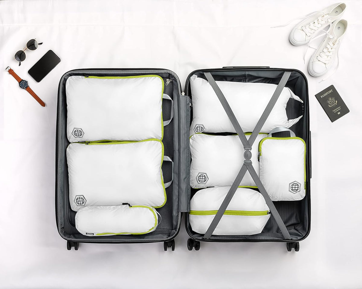 Large Compression Packing Cubes for Travel-Packing Cube Luggage Organizers 7 Piece Set for Checked Luggage-Ultralight, Expandable/Compression Bags (White/Green)