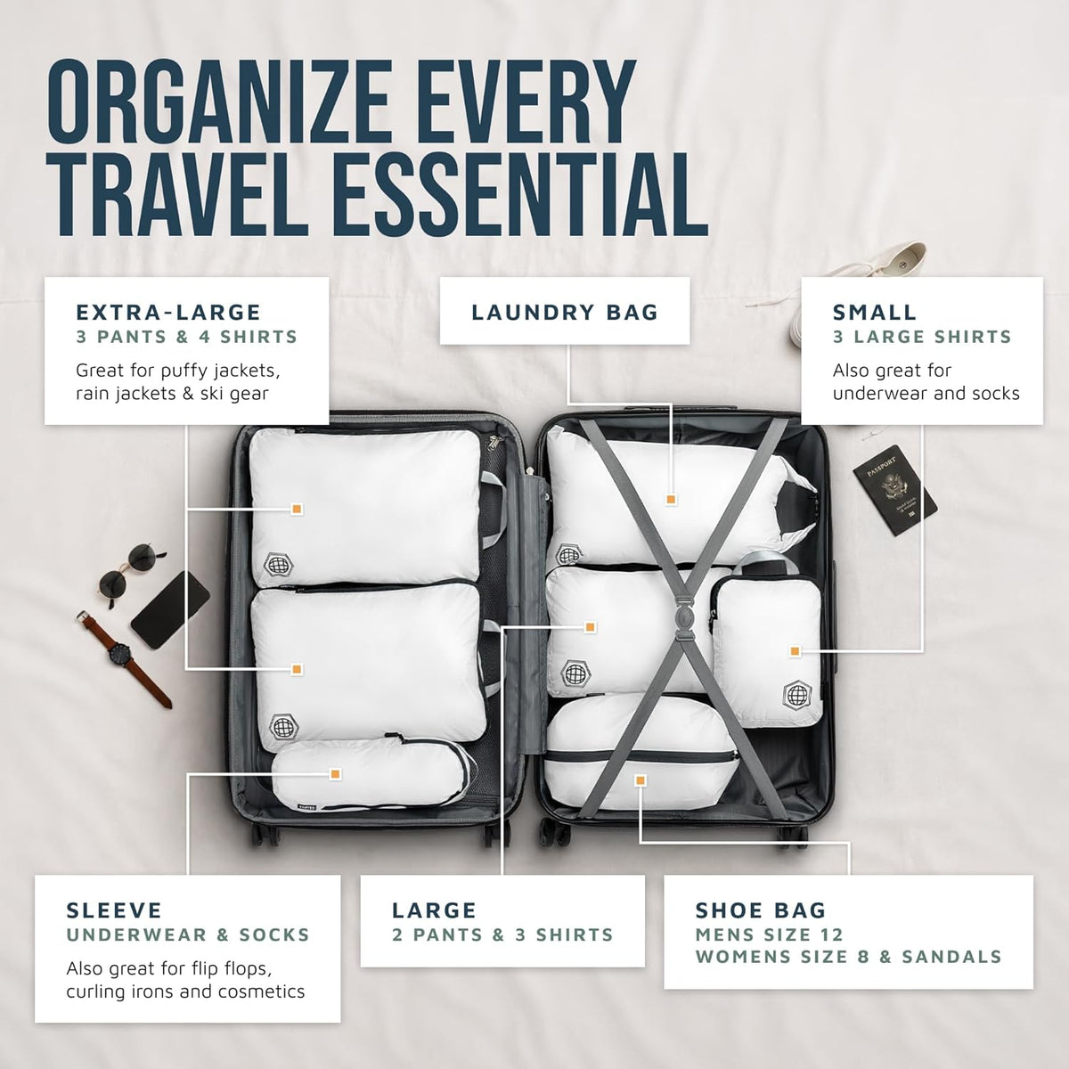 Large Compression Packing Cubes for Travel-Packing Cube Luggage Organizers 7 Piece Set for Checked Luggage-Ultralight, Expandable/Compression Bags (White/Green)