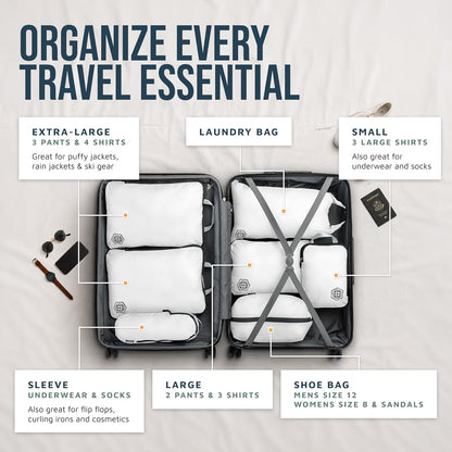 Large Compression Packing Cubes for Travel-Packing Cube Luggage Organizers 7 Piece Set for Checked Luggage-Ultralight, Expandable/Compression Bags (White/Green)