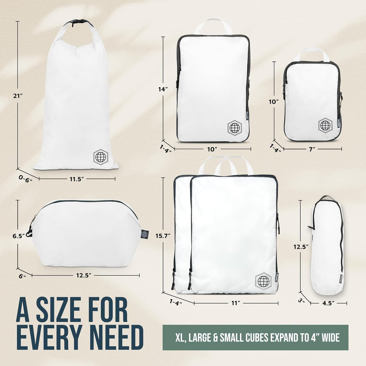 Large Compression Packing Cubes for Travel-Packing Cube Luggage Organizers 7 Piece Set for Checked Luggage-Ultralight, Expandable/Compression Bags (White/Green)