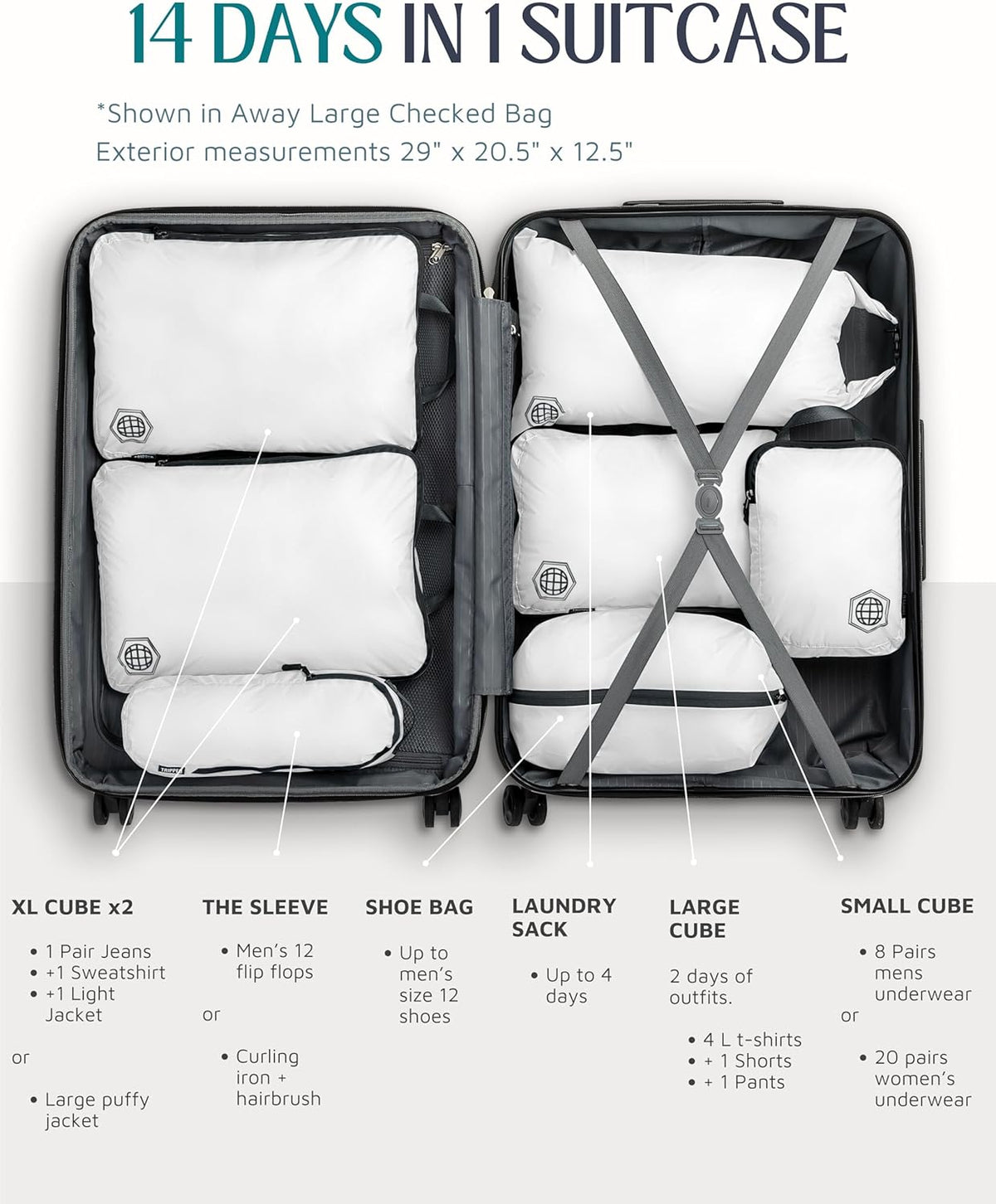 Large Compression Packing Cubes for Travel-Packing Cube Luggage Organizers 7 Piece Set for Checked Luggage-Ultralight, Expandable/Compression Bags (White/Green)