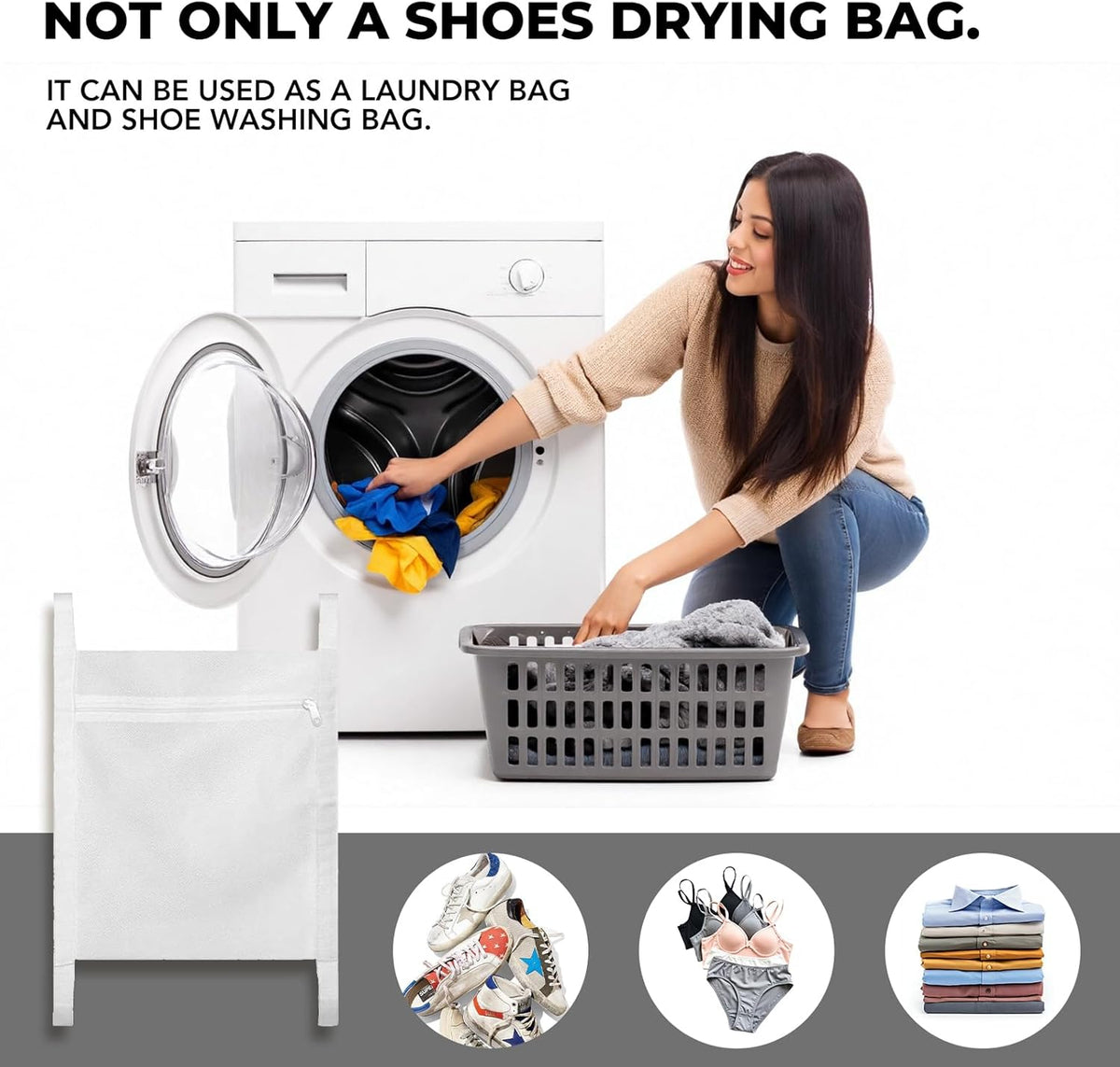 Shoe Dryer Bag, Large Wash Dry Net Bag 15.7x15.7 Inch for Sneaker Shoes Laundry Dryer Bags with Zipper and Strap for Most Dryers Door,White