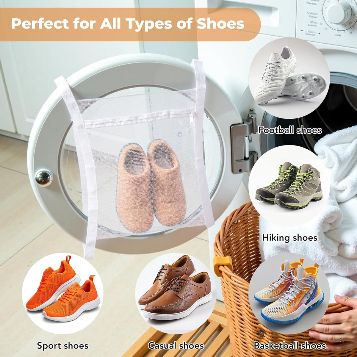 Shoe Dryer Bag, Large Wash Dry Net Bag 15.7x15.7 Inch for Sneaker Shoes Laundry Dryer Bags with Zipper and Strap for Most Dryers Door,White