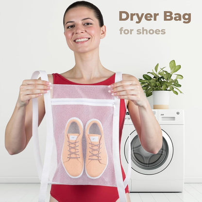 Shoe Dryer Bag, Large Wash Dry Net Bag 15.7x15.7 Inch for Sneaker Shoes Laundry Dryer Bags with Zipper and Strap for Most Dryers Door,White