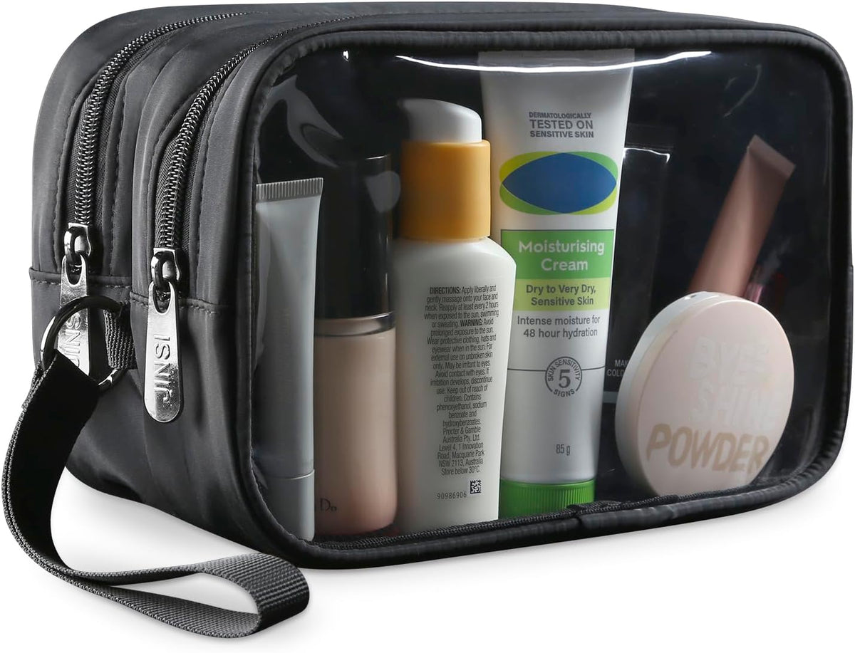 Clear Makeup Bag for Women, Double Zipper Travel Toiletry Cosmetic Bags, Portable Make up Bag Organizer Case Travel Essentials, Black