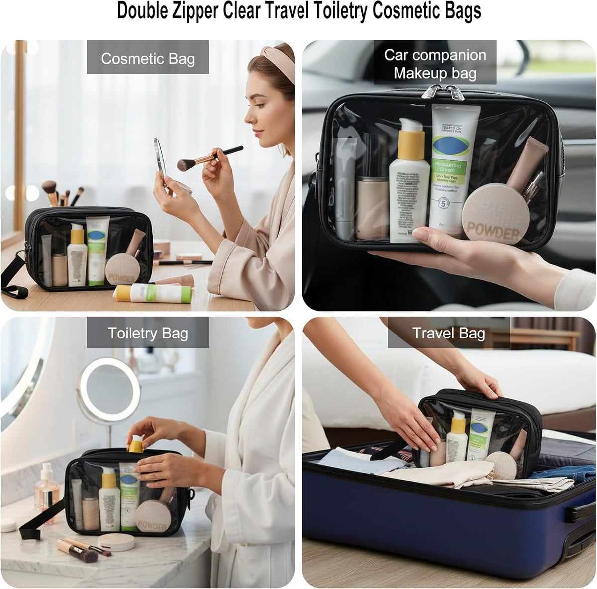 Clear Makeup Bag for Women, Double Zipper Travel Toiletry Cosmetic Bags, Portable Make up Bag Organizer Case Travel Essentials, Black