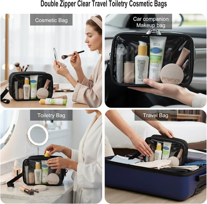 Clear Makeup Bag for Women, Double Zipper Travel Toiletry Cosmetic Bags, Portable Make up Bag Organizer Case Travel Essentials, Black