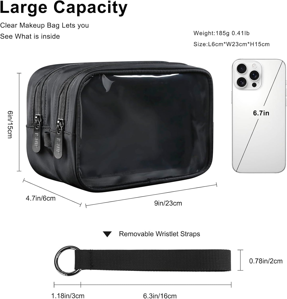 Clear Makeup Bag for Women, Double Zipper Travel Toiletry Cosmetic Bags, Portable Make up Bag Organizer Case Travel Essentials, Black