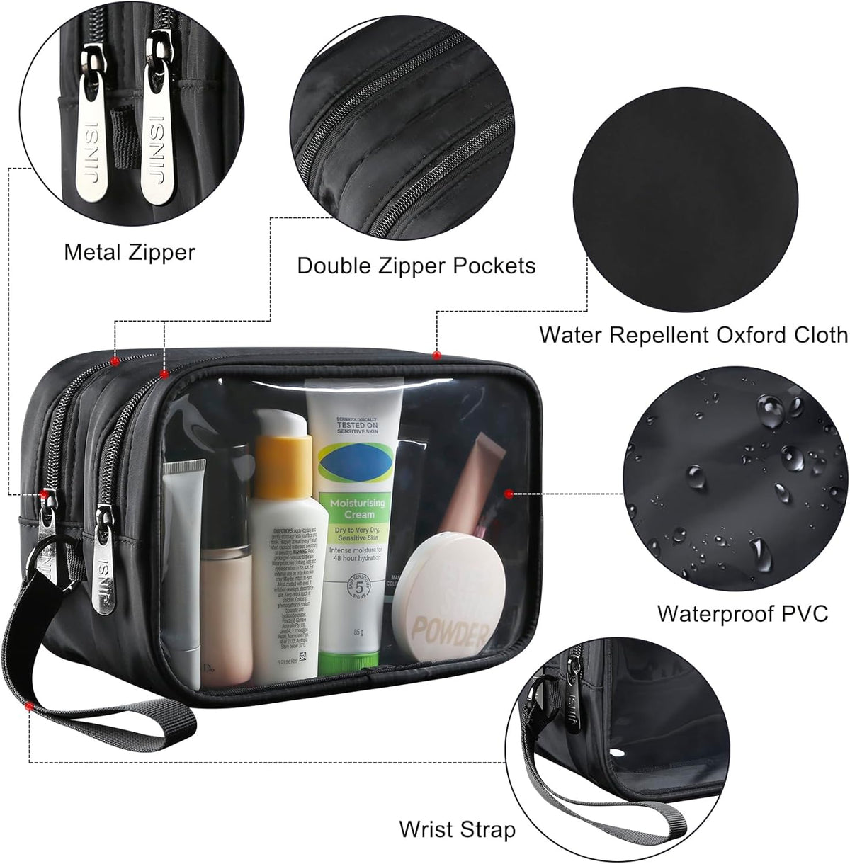 Clear Makeup Bag for Women, Double Zipper Travel Toiletry Cosmetic Bags, Portable Make up Bag Organizer Case Travel Essentials, Black