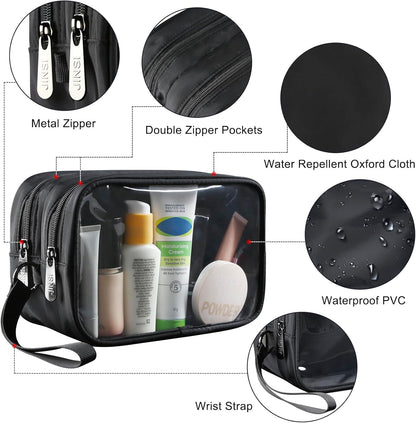 Clear Makeup Bag for Women, Double Zipper Travel Toiletry Cosmetic Bags, Portable Make up Bag Organizer Case Travel Essentials, Black