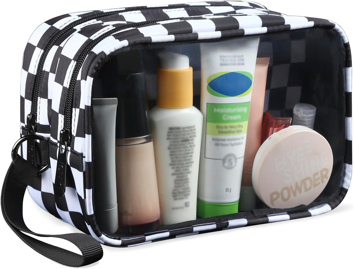Clear Makeup Bag for Women, Double Zipper Travel Toiletry Cosmetic Bags, Portable Make up Bag Organizer Case Travel Essentials, Black