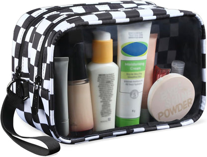 Clear Makeup Bag for Women, Double Zipper Travel Toiletry Cosmetic Bags, Portable Make up Bag Organizer Case Travel Essentials, Black
