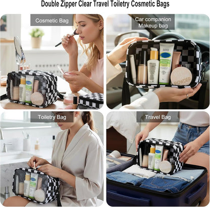 Clear Makeup Bag for Women, Double Zipper Travel Toiletry Cosmetic Bags, Portable Make up Bag Organizer Case Travel Essentials, Black