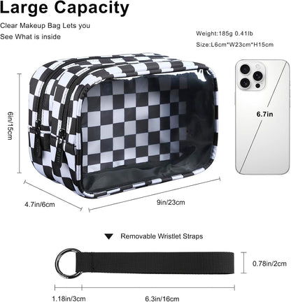 Clear Makeup Bag for Women, Double Zipper Travel Toiletry Cosmetic Bags, Portable Make up Bag Organizer Case Travel Essentials, Black