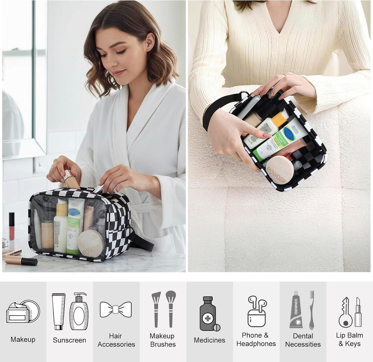 Clear Makeup Bag for Women, Double Zipper Travel Toiletry Cosmetic Bags, Portable Make up Bag Organizer Case Travel Essentials, Black
