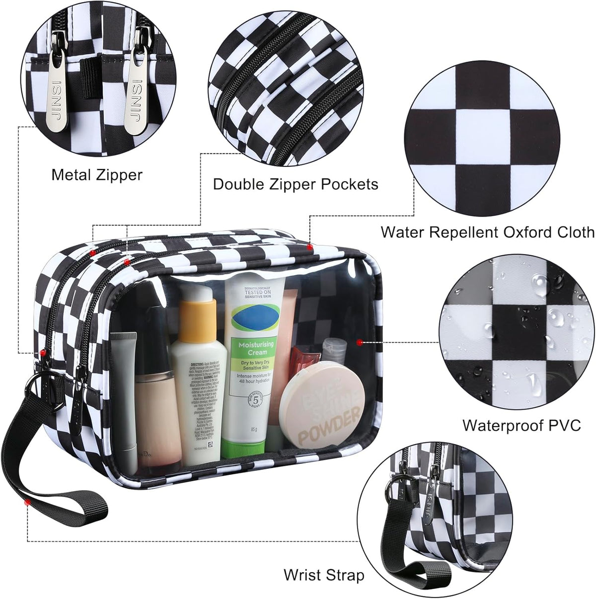 Clear Makeup Bag for Women, Double Zipper Travel Toiletry Cosmetic Bags, Portable Make up Bag Organizer Case Travel Essentials, Black