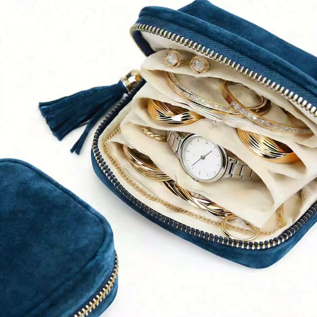 Small Travel Jewelry Pocket Case with Zipper for Women | 6-Layer Soft Velvet Organizer Pouch, Anti-Scratch Portable Bag for Bracelets, Rings, Earrings & Necklaces,Use&Gift (Gem Blue)