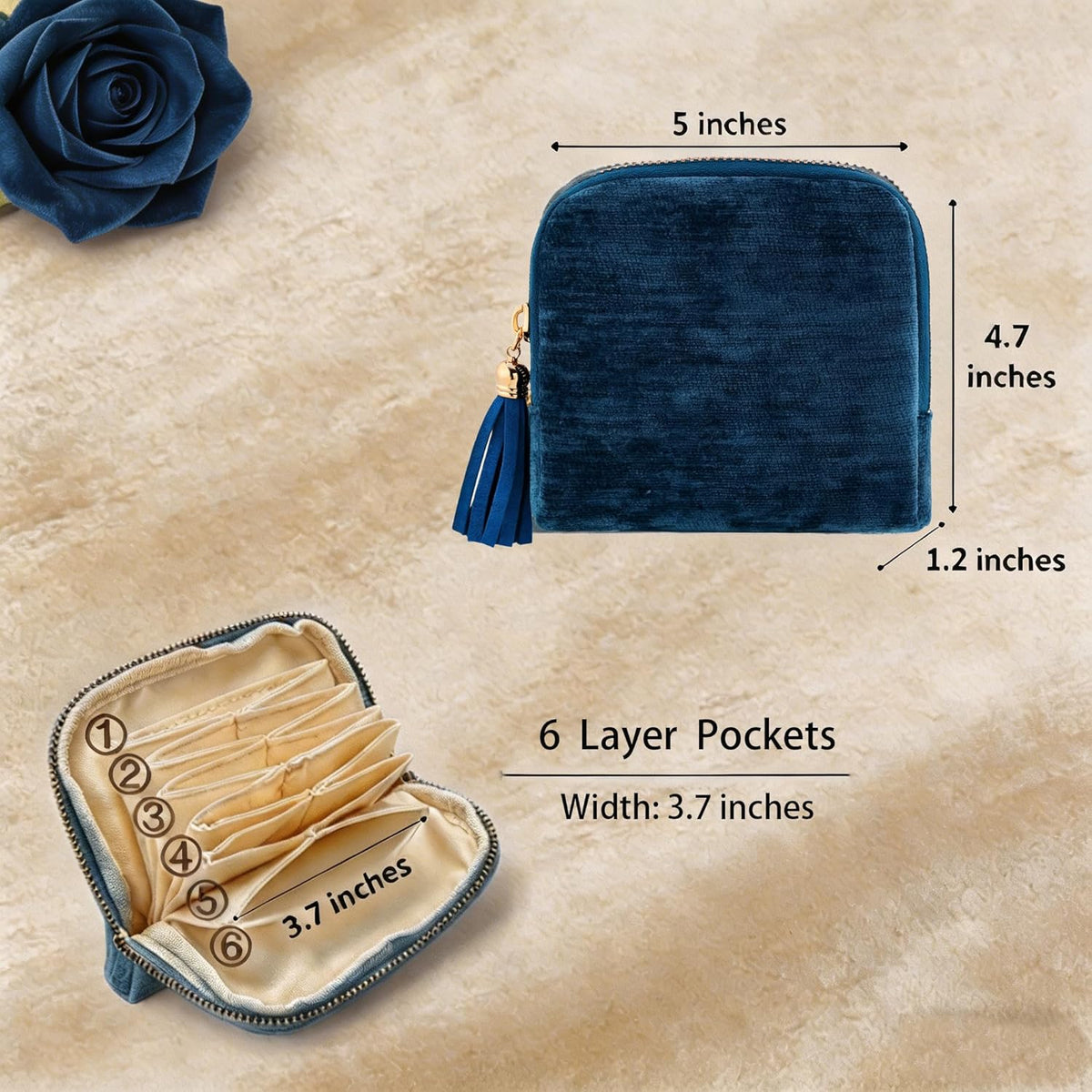 Small Travel Jewelry Pocket Case with Zipper for Women | 6-Layer Soft Velvet Organizer Pouch, Anti-Scratch Portable Bag for Bracelets, Rings, Earrings & Necklaces,Use&Gift (Gem Blue)