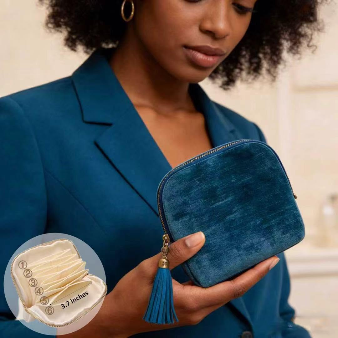 Small Travel Jewelry Pocket Case with Zipper for Women | 6-Layer Soft Velvet Organizer Pouch, Anti-Scratch Portable Bag for Bracelets, Rings, Earrings & Necklaces,Use&Gift (Gem Blue)