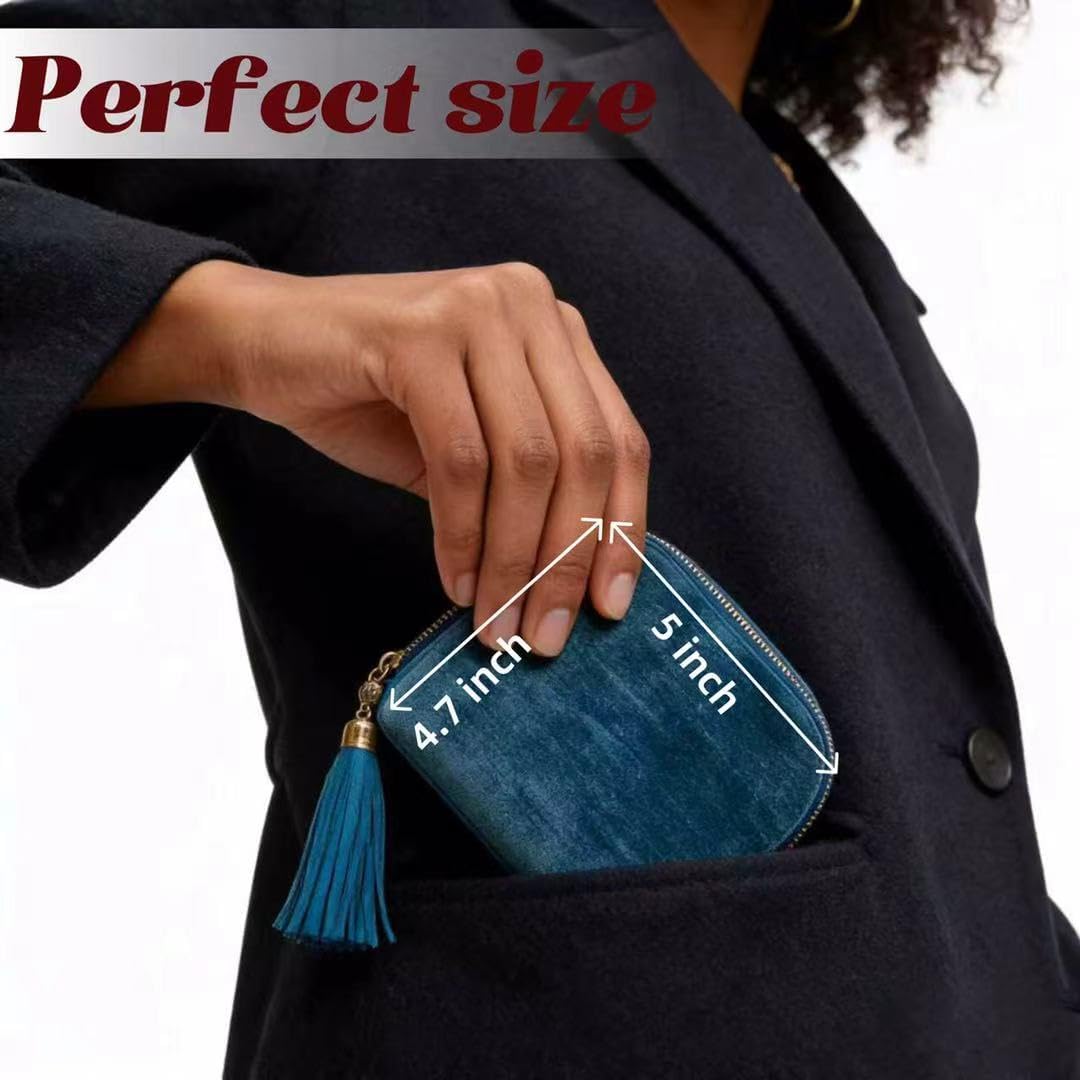 Small Travel Jewelry Pocket Case with Zipper for Women | 6-Layer Soft Velvet Organizer Pouch, Anti-Scratch Portable Bag for Bracelets, Rings, Earrings & Necklaces,Use&Gift (Gem Blue)