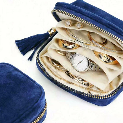 Small Travel Jewelry Pocket Case with Zipper for Women | 6-Layer Soft Velvet Organizer Pouch, Anti-Scratch Portable Bag for Bracelets, Rings, Earrings & Necklaces,Use&Gift (Gem Blue)