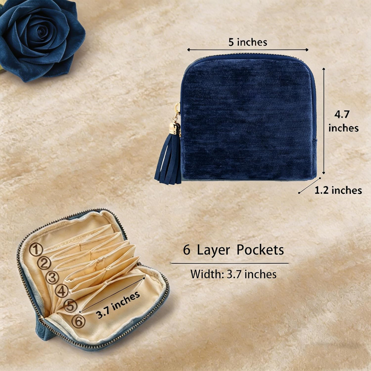 Small Travel Jewelry Pocket Case with Zipper for Women | 6-Layer Soft Velvet Organizer Pouch, Anti-Scratch Portable Bag for Bracelets, Rings, Earrings & Necklaces,Use&Gift (Gem Blue)