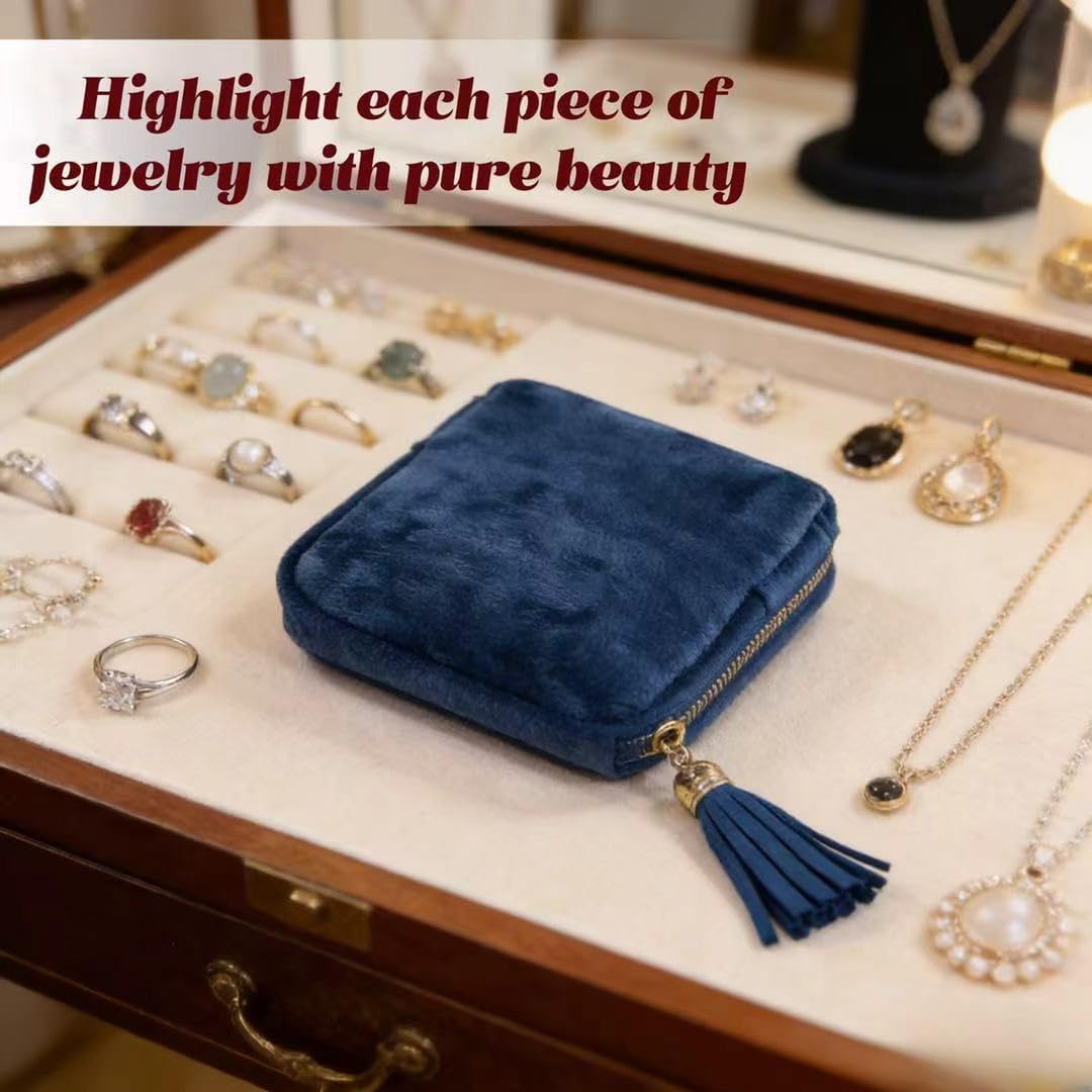 Small Travel Jewelry Pocket Case with Zipper for Women | 6-Layer Soft Velvet Organizer Pouch, Anti-Scratch Portable Bag for Bracelets, Rings, Earrings & Necklaces,Use&Gift (Gem Blue)
