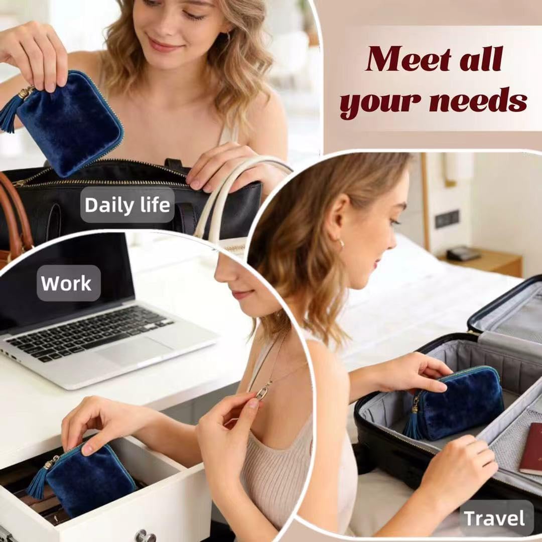 Small Travel Jewelry Pocket Case with Zipper for Women | 6-Layer Soft Velvet Organizer Pouch, Anti-Scratch Portable Bag for Bracelets, Rings, Earrings & Necklaces,Use&Gift (Gem Blue)