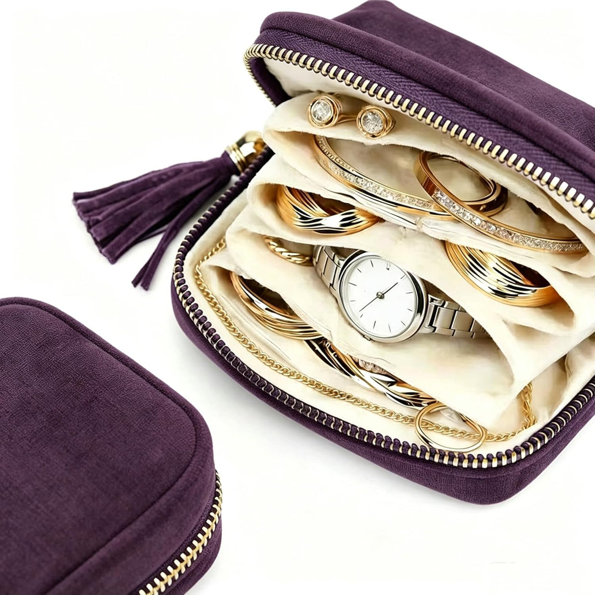 Small Travel Jewelry Pocket Case with Zipper for Women | 6-Layer Soft Velvet Organizer Pouch, Anti-Scratch Portable Bag for Bracelets, Rings, Earrings & Necklaces,Use&Gift (Gem Blue)