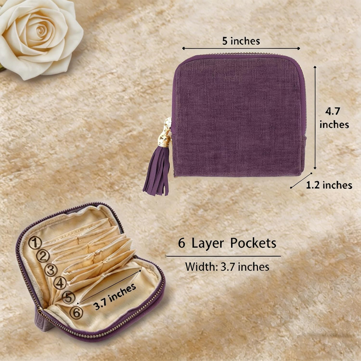 Small Travel Jewelry Pocket Case with Zipper for Women | 6-Layer Soft Velvet Organizer Pouch, Anti-Scratch Portable Bag for Bracelets, Rings, Earrings & Necklaces,Use&Gift (Gem Blue)