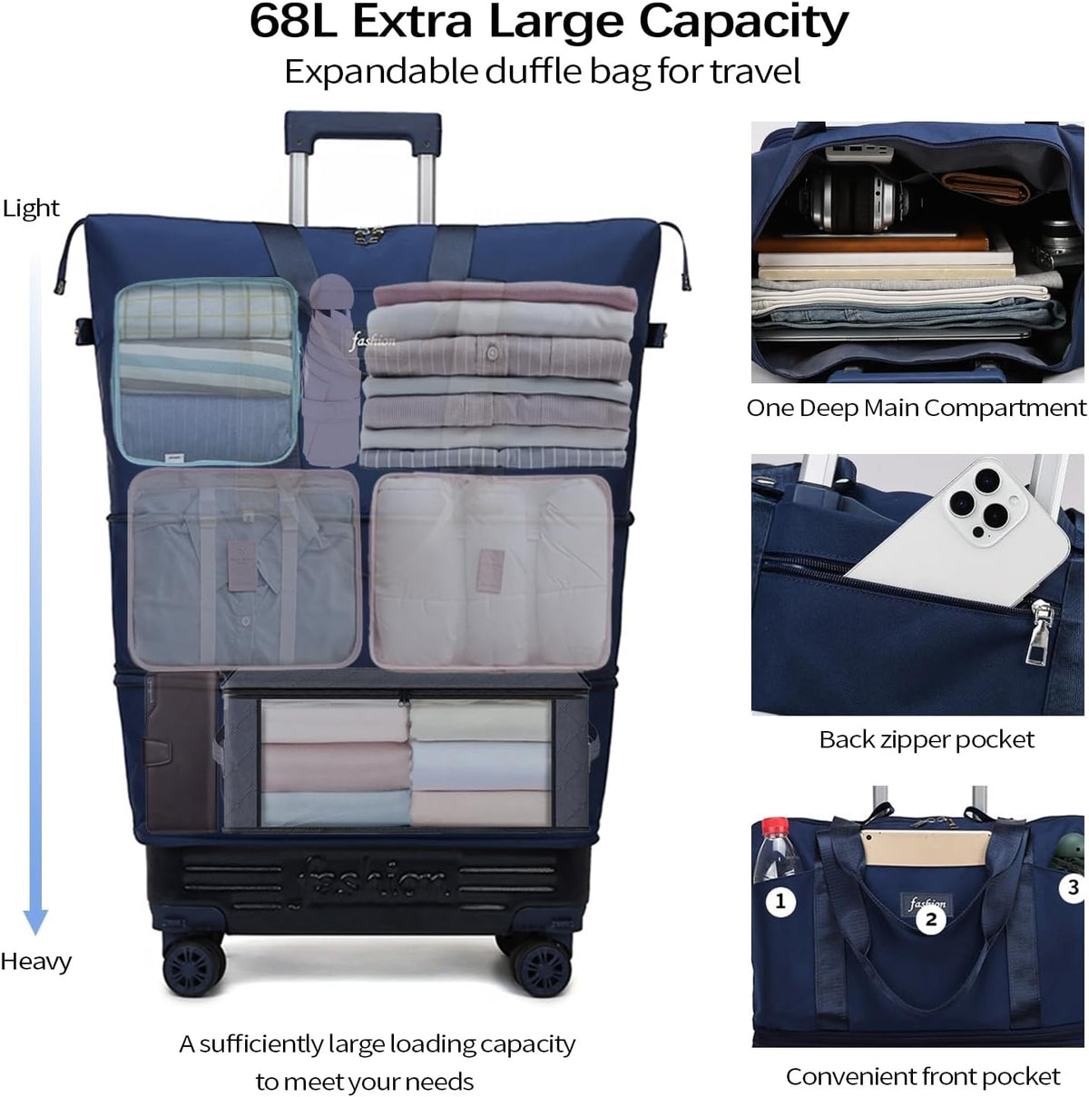 Rolling Duffle Bag with Wheels and Handle, Expandable Foldable Travel Bag - Wheeled Carry On Luggage for Weekend Trips, Large Capacity & Waterproof (Blue)