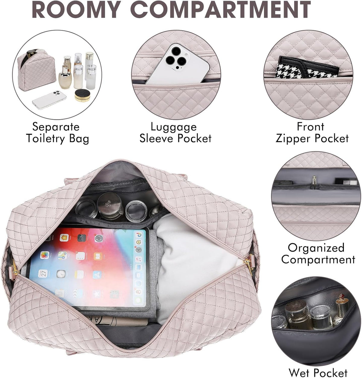 Large Women's Travel Duffel, Weekender with Shoe Compartment, Carry On Overnight Bag, Gym Duffel with Wet Pocket, Hospital Bags for Labor and Delivery - 3 PCS Set - Colors A