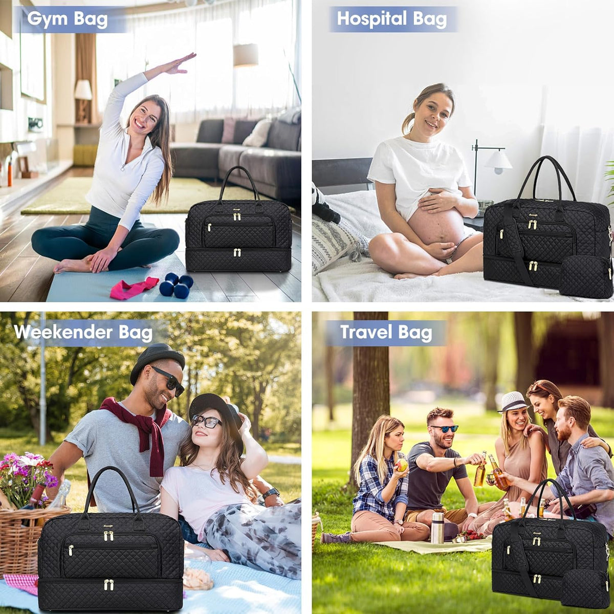 Large Women's Travel Duffel, Weekender with Shoe Compartment, Carry On Overnight Bag, Gym Duffel with Wet Pocket, Hospital Bags for Labor and Delivery - 3 PCS Set - Colors A