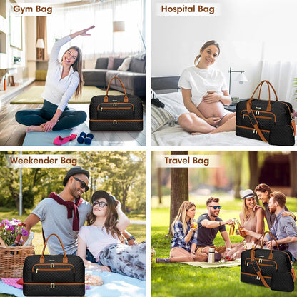 Large Women's Travel Duffel, Weekender with Shoe Compartment, Carry On Overnight Bag, Gym Duffel with Wet Pocket, Hospital Bags for Labor and Delivery - 3 PCS Set - Colors A